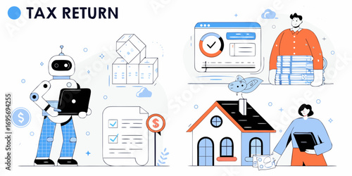Robot and people managing tax returns and finances with digital tools and paperwork