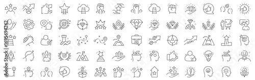 Clean outline motivation icons for success, achievement, goal progress, leadership, teamwork, strategy, coaching, productivity, growth, editable line art, confidence, stroke