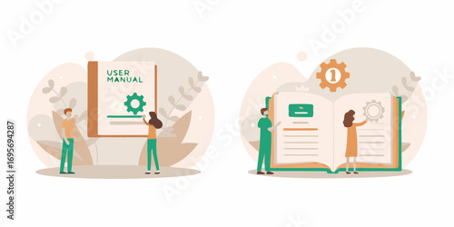 People reading and learning from user manuals and instruction guides with gears and plant elements