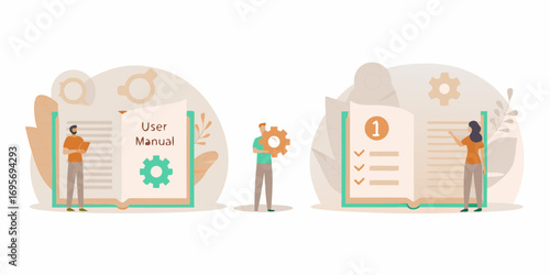 Two people interacting with open user manuals and gears representing instructions and guidance