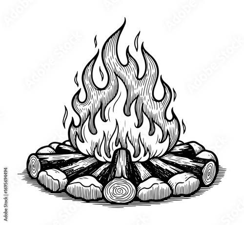 campfire with burning logs vintage sketch vector illustration