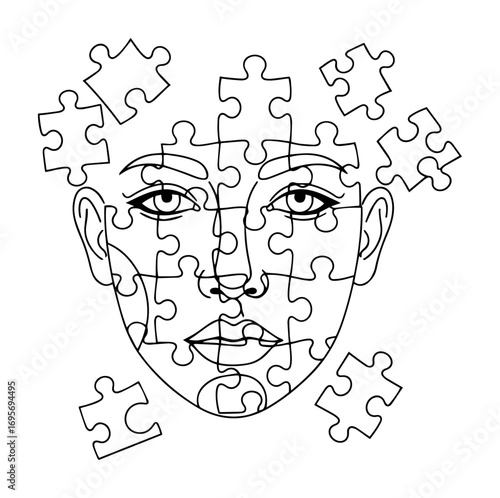 woman face puzzle mental health concept line art vector