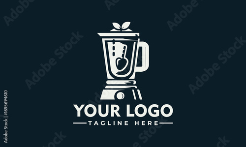 A logo featuring a blender with fruit inside, topped with leaves, against a dark background.