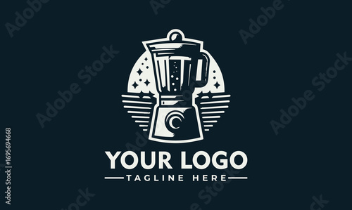 A stylized logo featuring a blender filled with liquid, and a tagline.