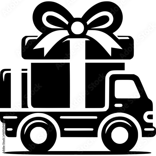 A black and white illustration of a delivery truck loaded with a large gift box topped with a bow, symbolizing logistics and gifting