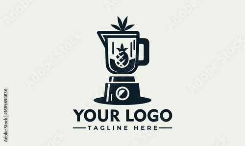 A stylized logo featuring a blender surrounded by leaves and decorative elements.