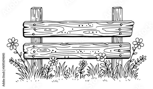 wooden fence in flower meadow coloring page vector