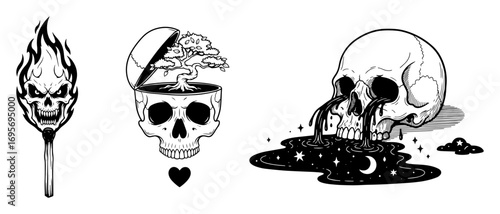 surreal skull set melting cosmic and flaming designs vector