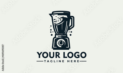 A stylized logo featuring a blender filled with liquid, and a tagline.
