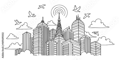 modern city skyline with radio tower birds line art vector