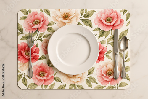 Elegant photography Elegant Dining Set with Floral Placemat on Marble Tabletop  captured in natural light, cinematic composition for commercial use and stock image licensing