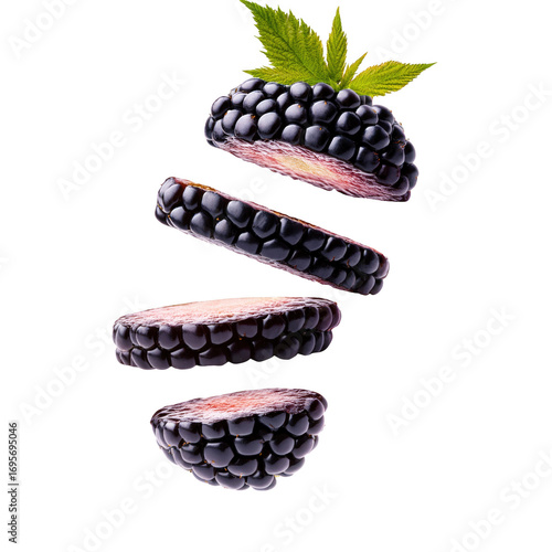 Sliced blackberries in air fresh juicy and delicious berry fruit segments falling isolated transparent background