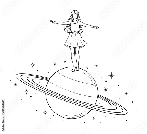 girl balancing on saturn planet vector