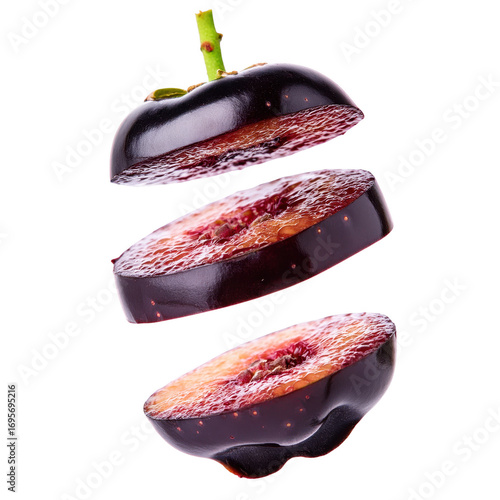 Three slices of fresh juicy plum falling in air isolated transparent background perfect for food and drink advertising