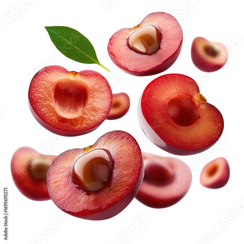 Juicy red cherries falling in air isolated transparent background sweet summer fruit halved cherries