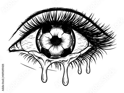 crying eye with soccer ball pupil sketch vector illustration