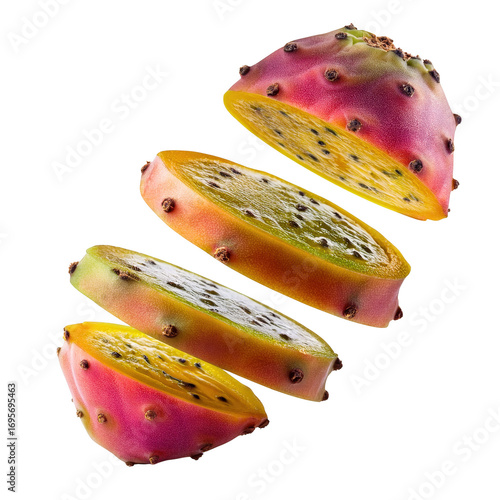 Sliced prickly pear cactus fruit falling transparent background vibrant colors and juicy texture healthy exotic food