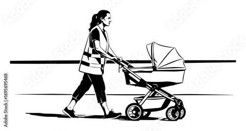 mother in safety vest pushing baby stroller vector