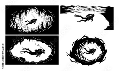 cave diving silhouette scene set underwater cavern vector