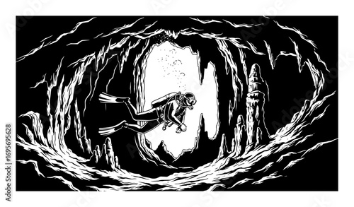 cave diver exploring underwater cavern silhouette vector illustration
