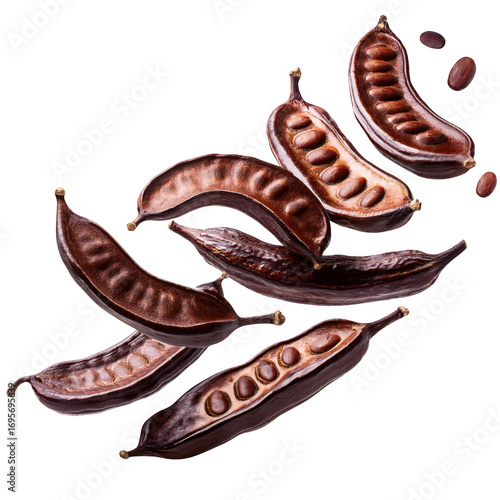 Delicious carob pods falling transparent background healthy snack organic food nature's goodness