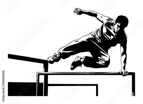 parkour man vaulting over rail black and white art