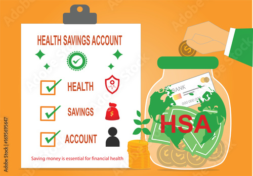 Saving money is essential for financial health. Health savings account vector graphics. Health insurance. Investments. Tax-free medical expenses, clip board, bank saving, hand, security illustration.
