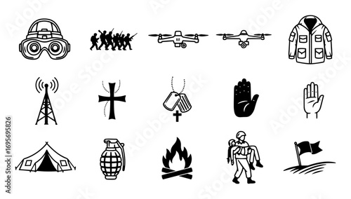 military and army icons doodle vector set