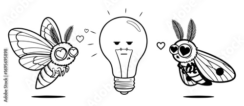 cute cartoon moths in love with a light bulb vector