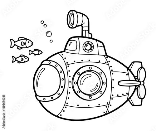 cartoon submarine underwater with fish coloring page vector
