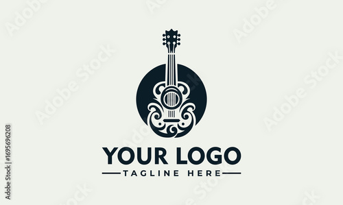 A stylized guitar illustration in a dark circle, set against a light background with placeholder text for a logo.