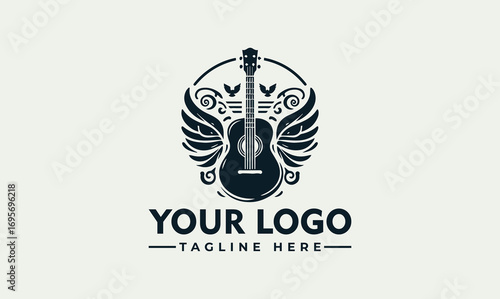 A stylized guitar illustration in a dark circle, set against a light background with placeholder text for a logo.