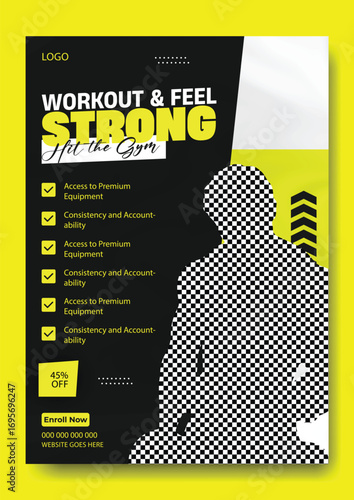 Muscular man lifting weights with motivational text about fitness and strength training