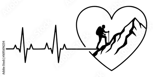 heartbeat with hiker and mountain heart vector