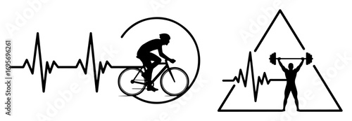heartbeat with cyclist and weightlifter vector