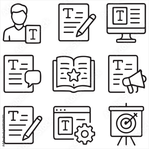 Copywriting icon set. Containing copywriter, content writing, blog, article, storytelling, author, advertising, marketing, SEO and more. vector