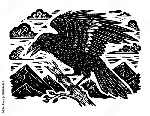 raven on branch in mountains vintage woodcut style