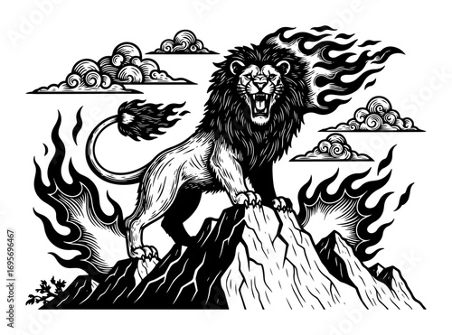 roaring lion with fire mane on mountain top vector