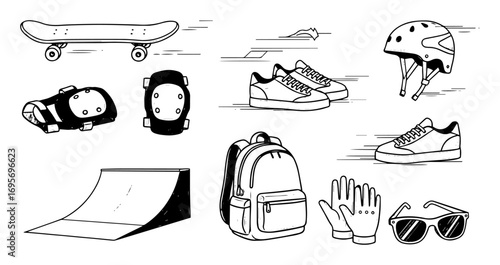 skateboarding equipment doodle icon set vector