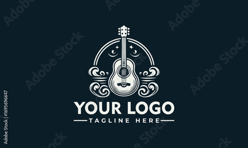 Ornate logo design featuring an acoustic guitar centered within a decorative arch and swirling flourishes.