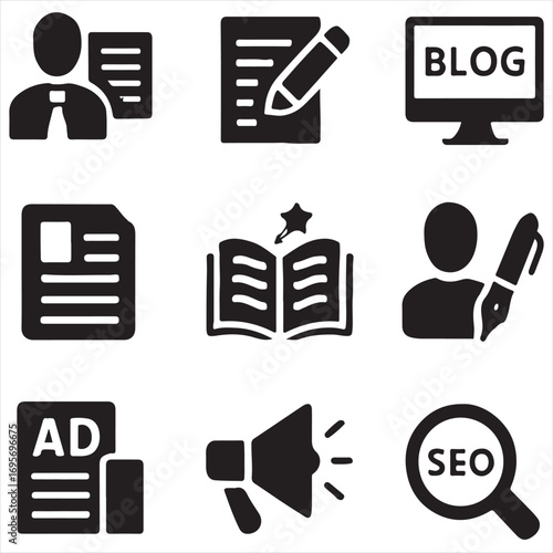 Copywriting icon set. Containing copywriter, content writing, blog, article, storytelling, author, advertising, marketing, SEO and more. vector