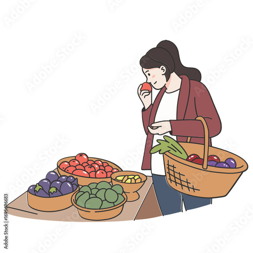 Young woman buying vegetables in vegetable market