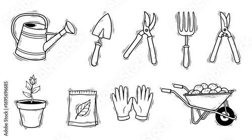 gardening tools and equipment doodle icon set vector
