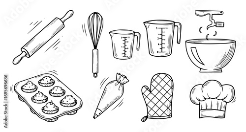 baking and cooking tools doodle icon set vector
