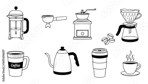 coffee making equipment doodle icon set vector