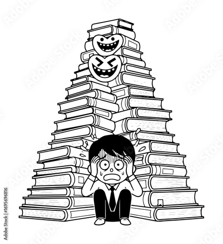 stressed student under a huge pile of books vector