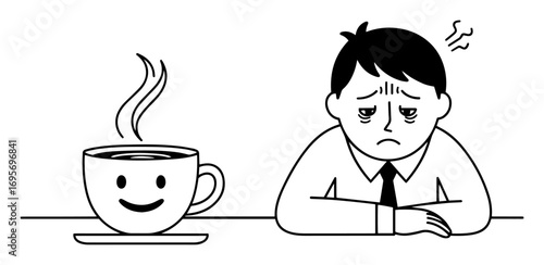 tired stressed businessman with happy coffee cup cartoon vector