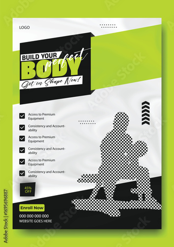 Muscular man with toned physique lifting weights on a bench in a gym setting promoting fitness and strength training