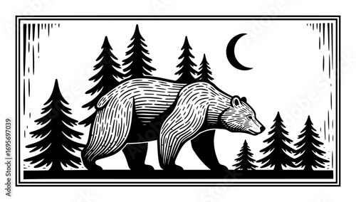 woodcut bear in forest with moon vector illustration
