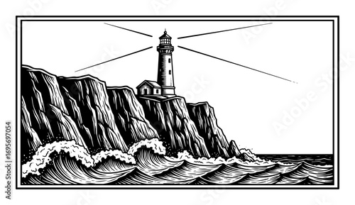 lighthouse on cliff with sea waves vintage woodcut illustration
